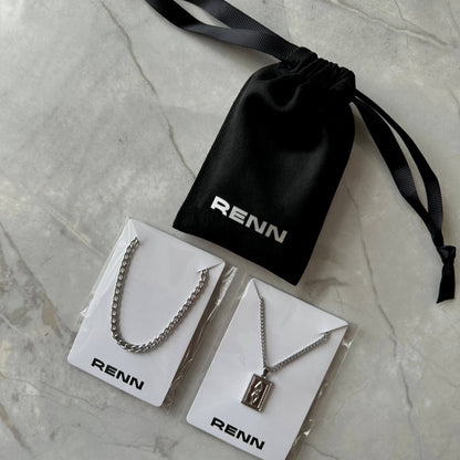Silver Necklace Set : Rectangle Pendant Necklace and 4mm Curb Chain - stainless steel - Boutique Wear RENN