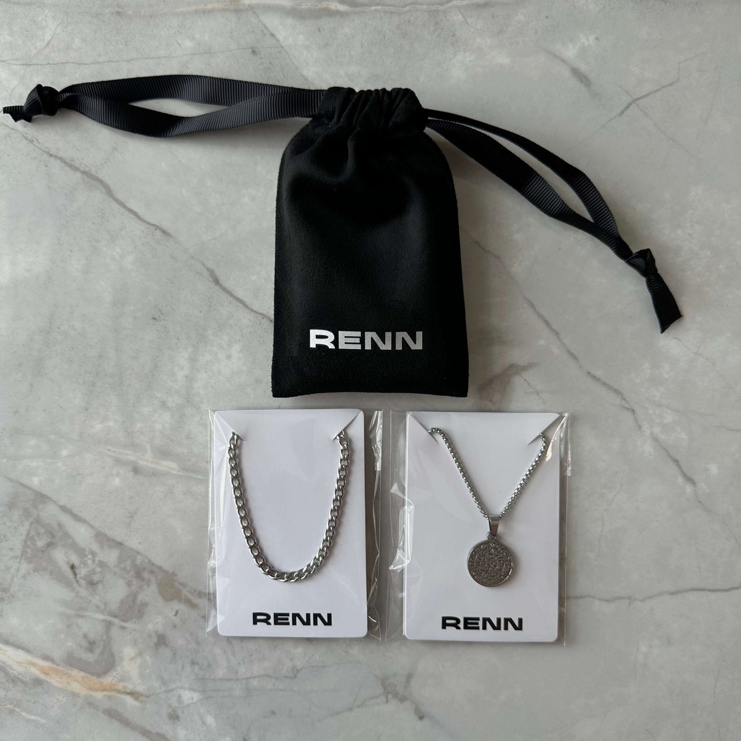 Silver Necklace Set : Greek Inspired Coin Pendant Necklace and 4mm Curb Chain- Stainless Steel - Boutique Wear RENN