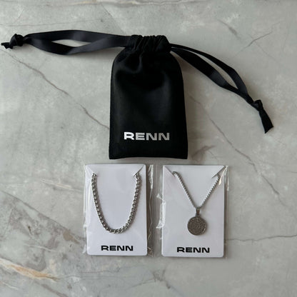 Silver Necklace Set : Greek Inspired Coin Pendant Necklace and 4mm Curb Chain- Stainless Steel - Boutique Wear RENN