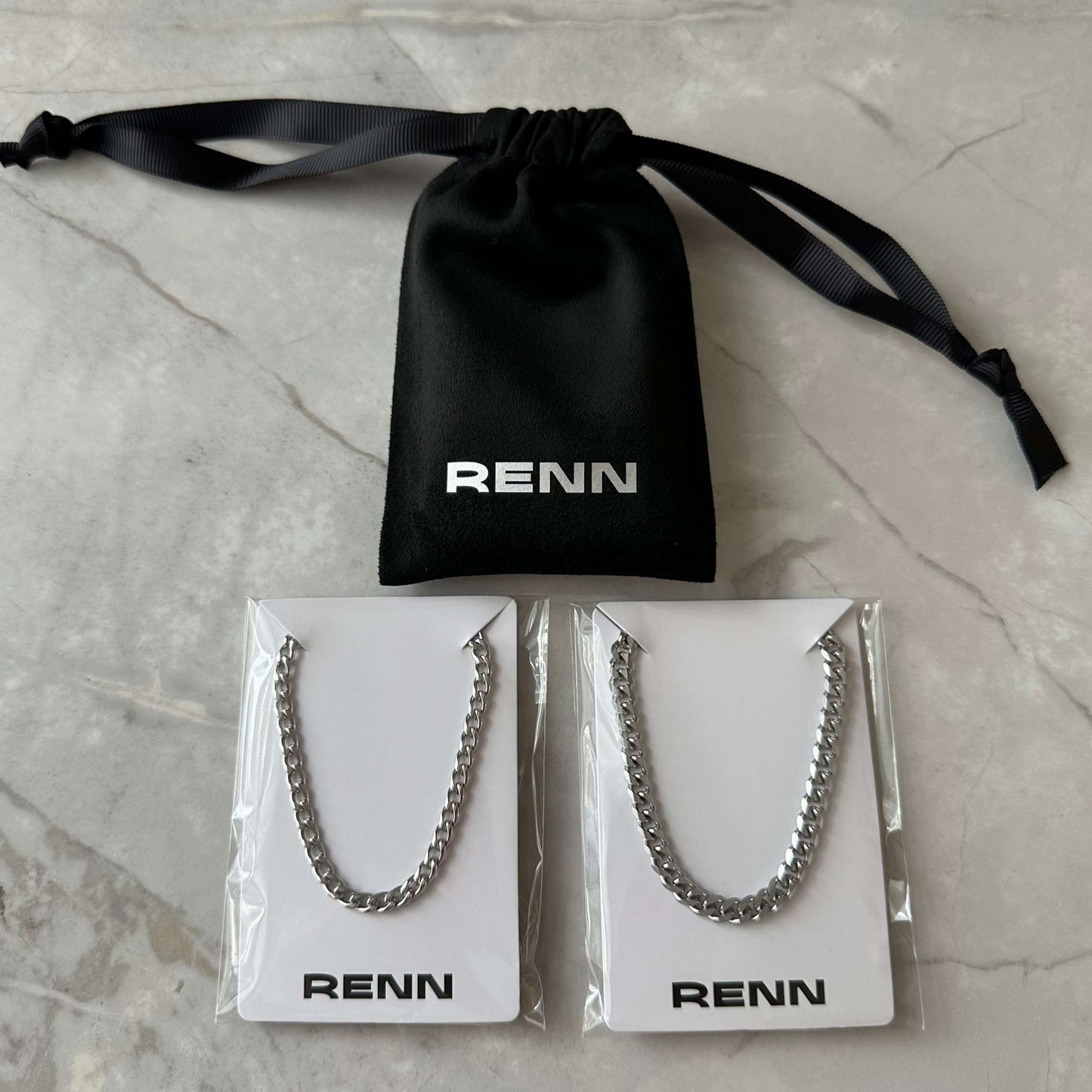 Silver Chain Necklace Set : 4mm Curb Chain and 5mm Curb Chain - Stainless Steel - Boutique Wear RENN