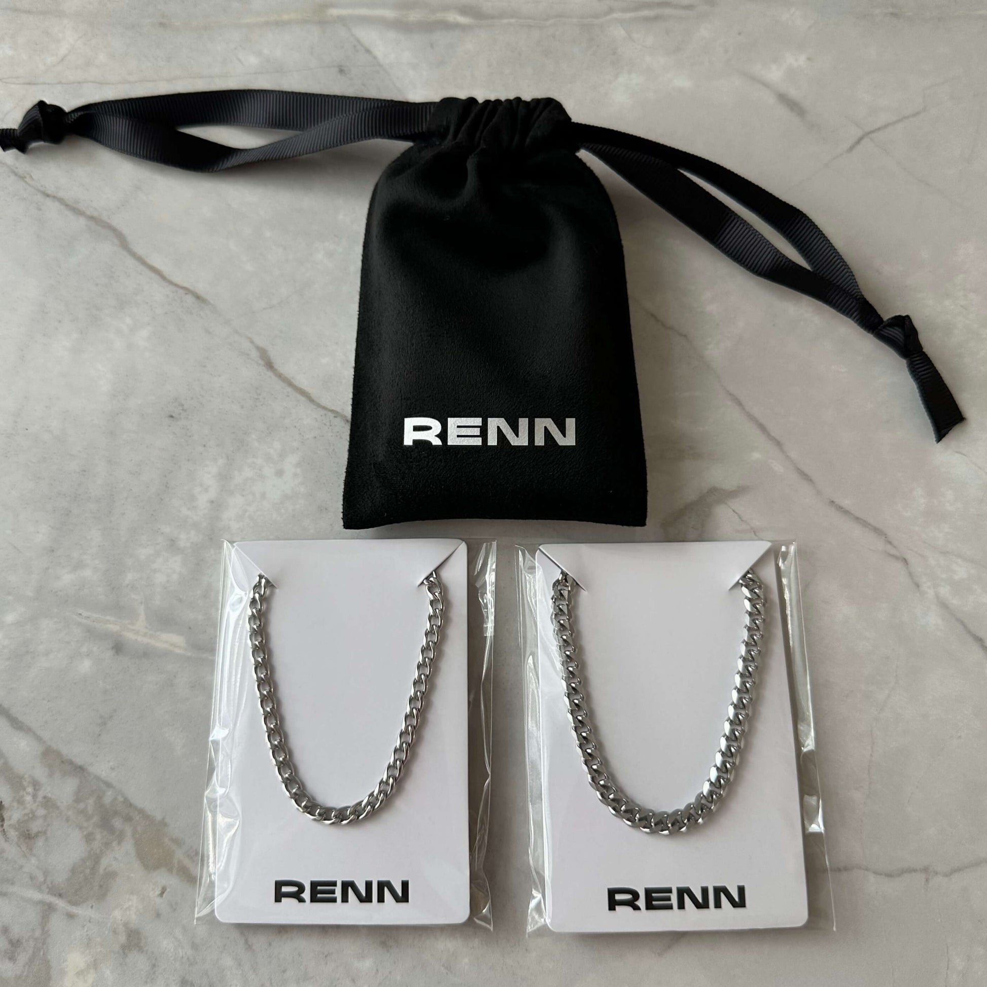 Silver Chain Necklace Set : 4mm Curb Chain and 5mm Curb Chain - Stainless Steel - Boutique Wear RENN