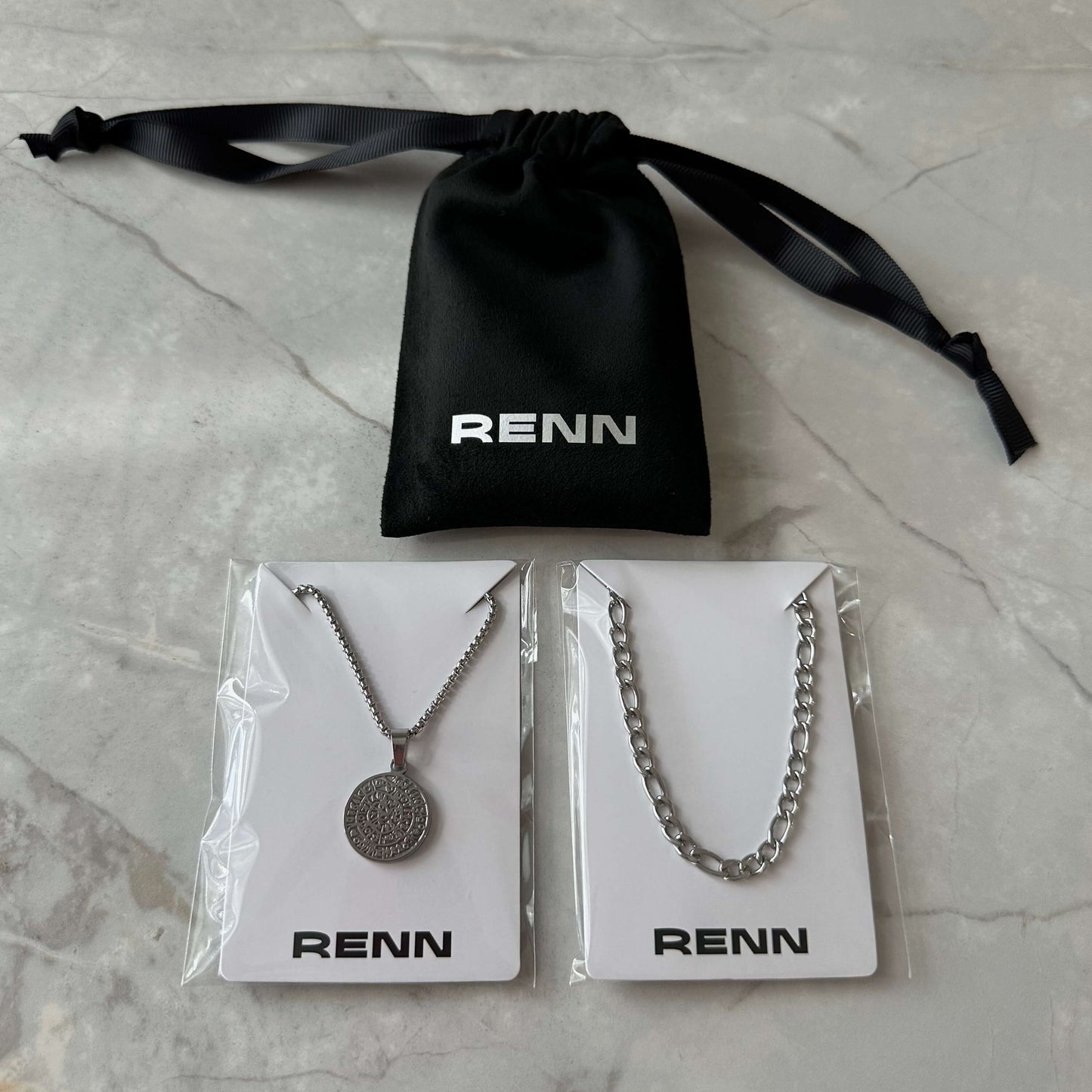 Silver Necklace Set : Greek Inspired Coin Pendant Necklace and 4.5mm Figaro Chain - Boutique Wear RENN inc.