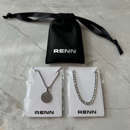 Silver Necklace Set : Greek Inspired Coin Pendant Necklace and 4.5mm Figaro Chain - Boutique Wear RENN inc.