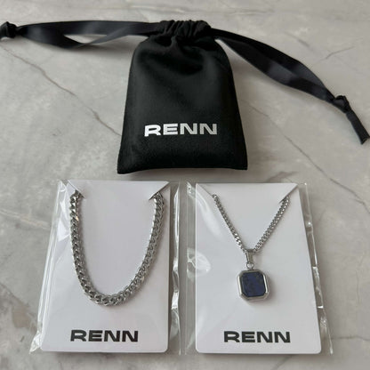 Ensemble de Colliers Argentés : Collier à Pendentif Carré Noir, Bleu ou Blanc et Chaîne Gourmette de 5mm