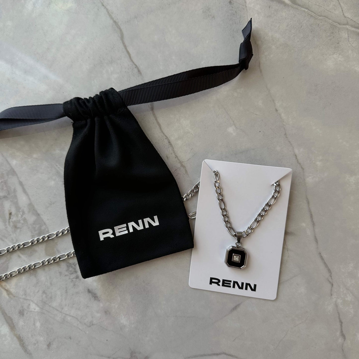 Silver Stainless Steel Black Square and Zircon Pendant Necklace for Men or Women - Boutique Wear RENN