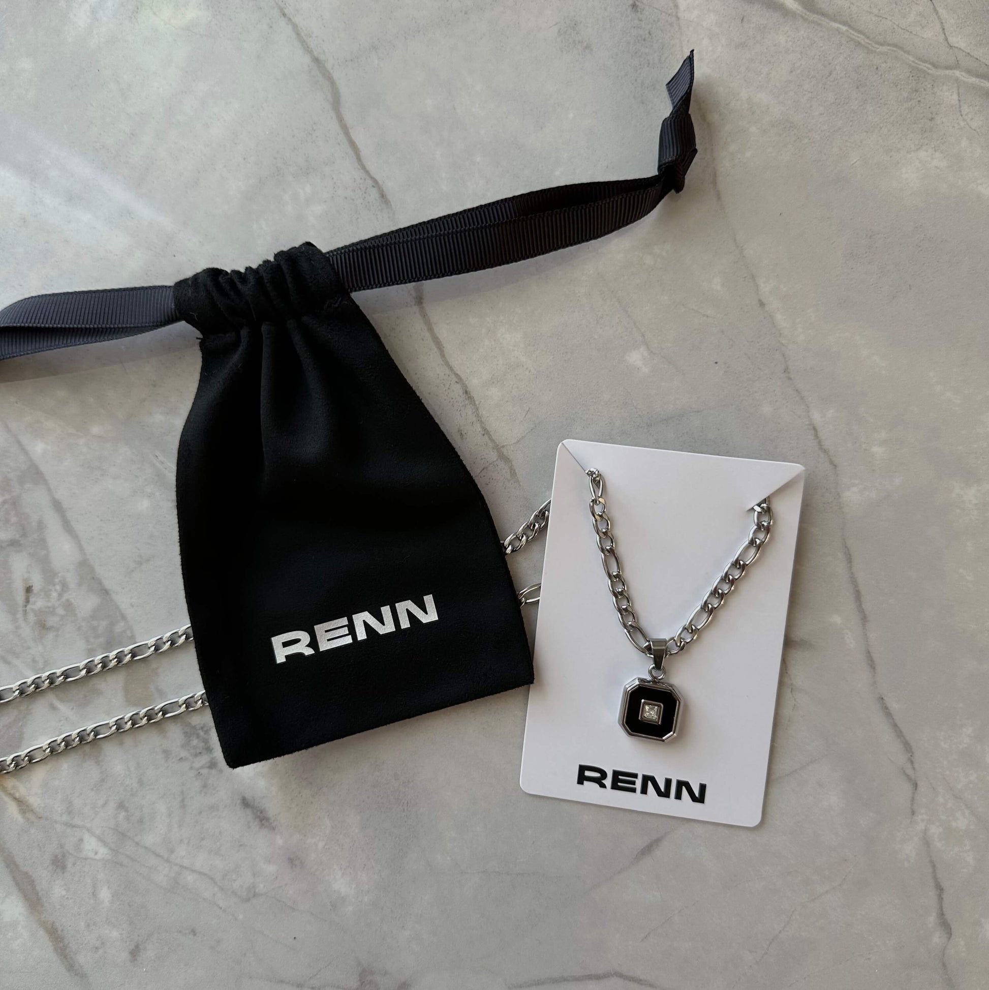 Silver Stainless Steel Black Square and Zircon Pendant Necklace for Men or Women - Boutique Wear RENN