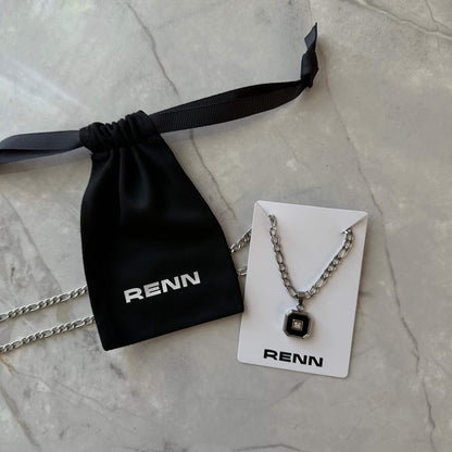 Silver Stainless Steel Black Square and Zircon Pendant Necklace for Men or Women - Boutique Wear RENN