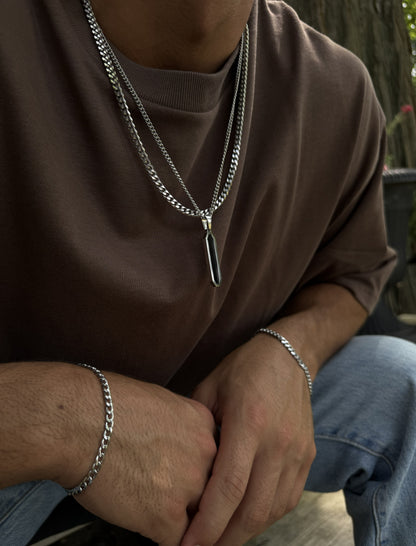Silver Jewelry Set (4 pieces) : Black Bar Pendant Necklace, 5mm Curb Chain Necklace, 4mm Curb Chain Bracelet and 5mm Curb Chain Bracelet