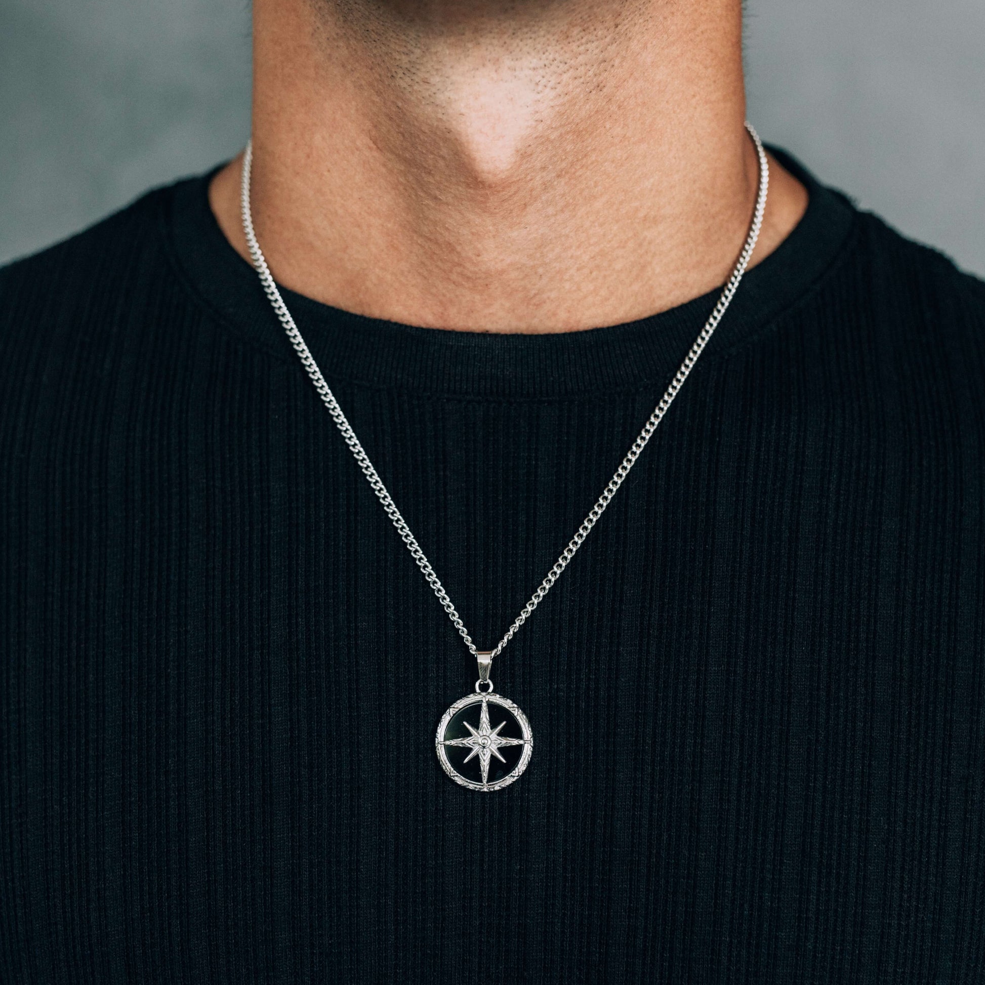 Silver Stainless Steel Black Compass Pendant Necklace For Men - Boutique Wear RENN