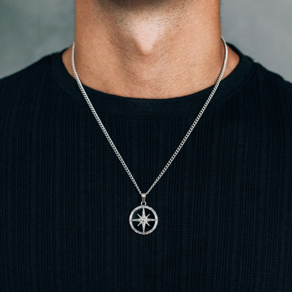 Silver Stainless Steel Black Compass Pendant Necklace For Men - Boutique Wear RENN
