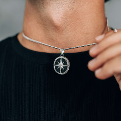 Silver Stainless Steel Black Compass Pendant Necklace For Men - Boutique Wear RENN