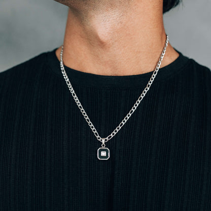 Silver Stainless Steel Black Square and Zircon Pendant Necklace for Men or Women - Boutique Wear RENN