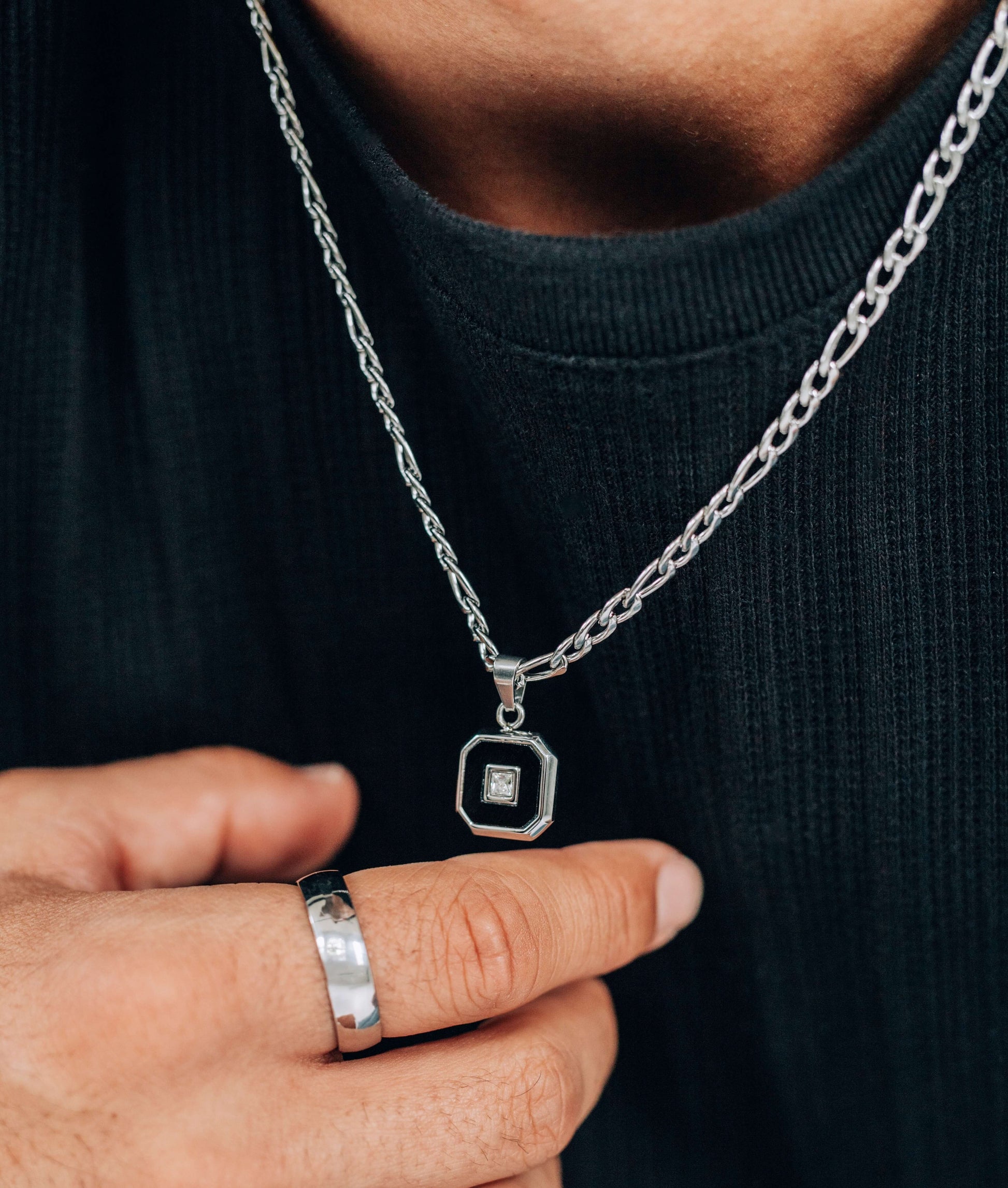 Silver Stainless Steel Black Square and Zircon Pendant Necklace for Men or Women - Boutique Wear RENN