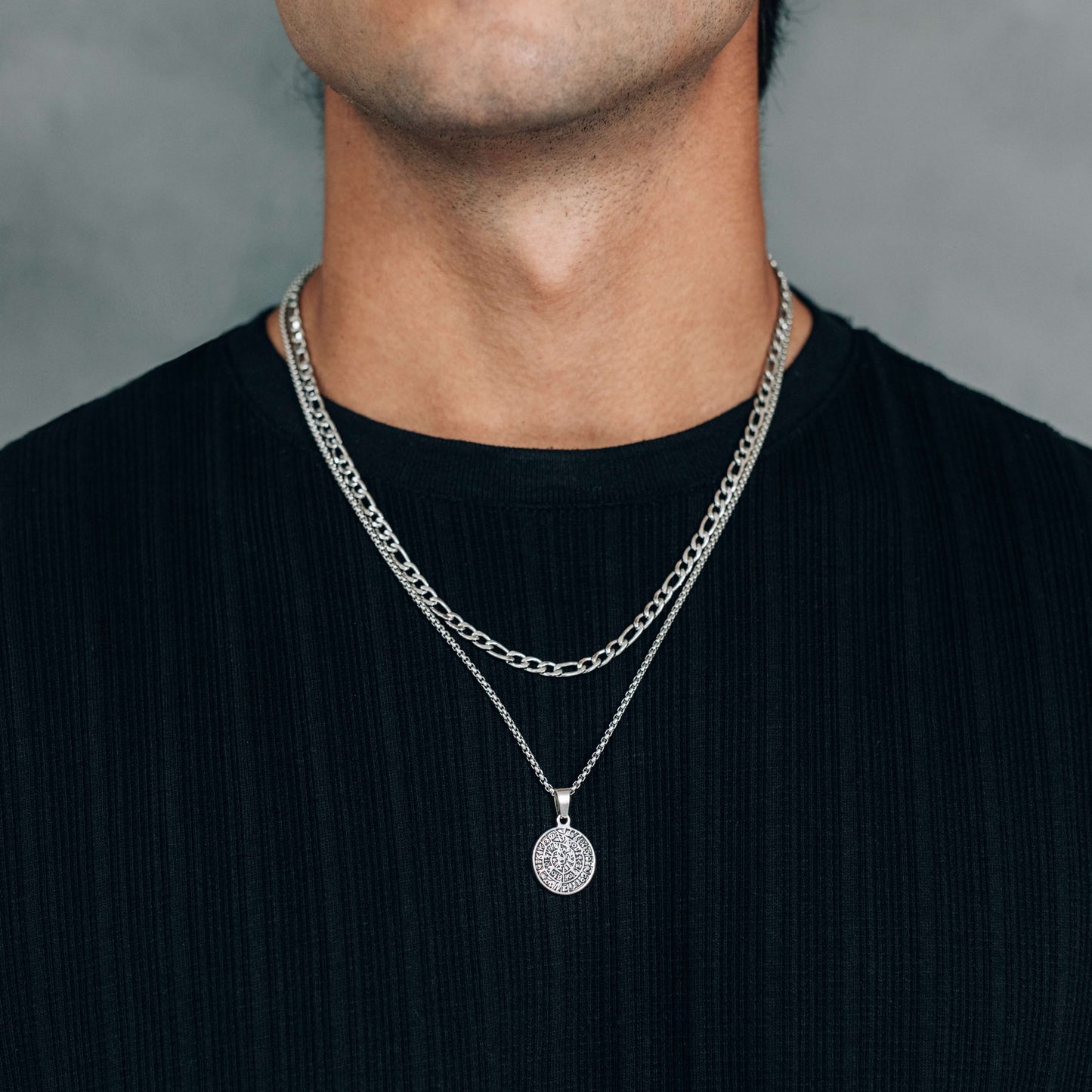 Silver Necklace Set : Greek Inspired Coin Pendant Necklace and 4.5mm Figaro Chain - Boutique Wear RENN inc.