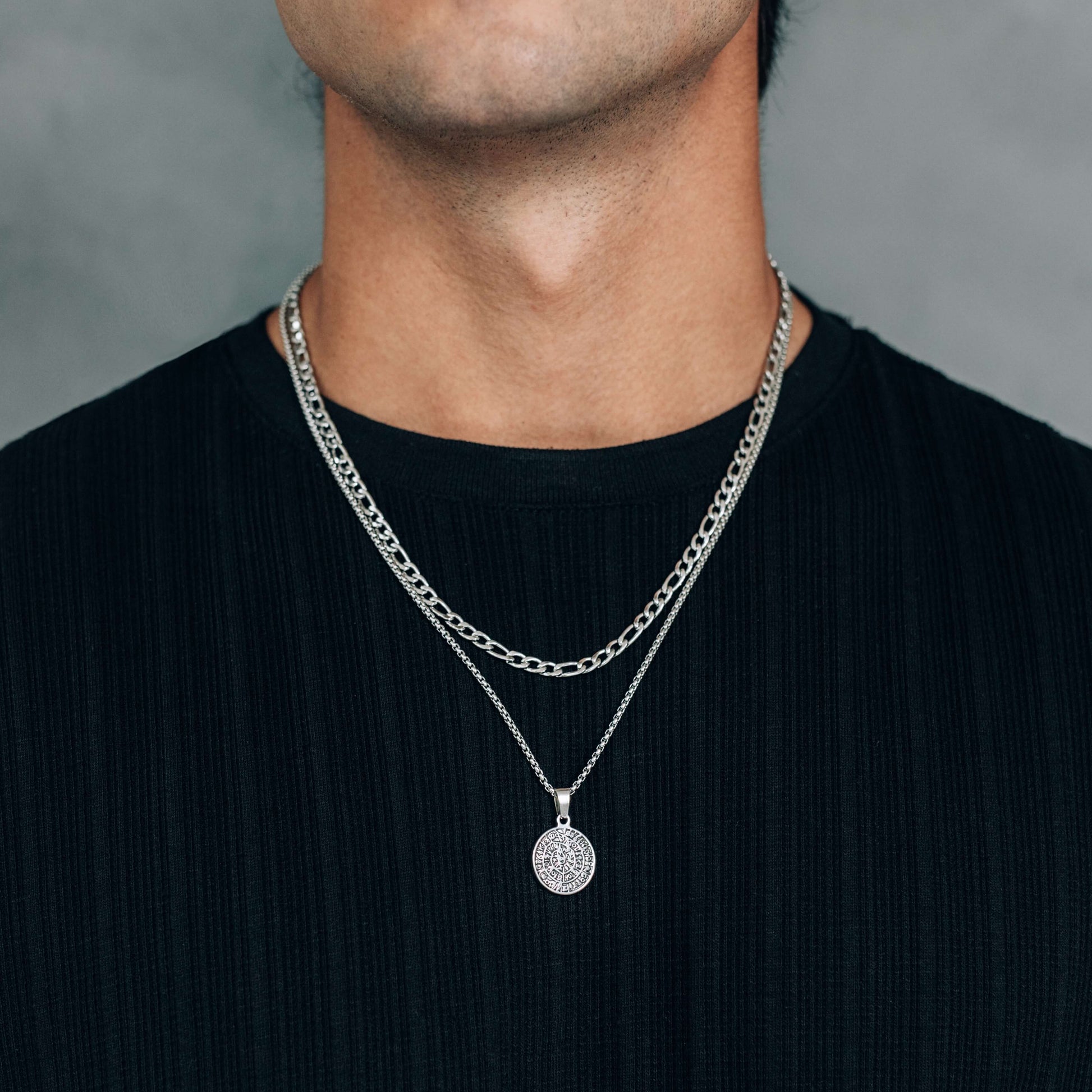 Silver Necklace Set : Greek Inspired Coin Pendant Necklace and 4.5mm Figaro Chain - Boutique Wear RENN inc.