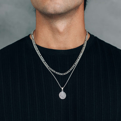 Silver Necklace Set : Greek Inspired Coin Pendant Necklace and 4.5mm Figaro Chain - Boutique Wear RENN inc.