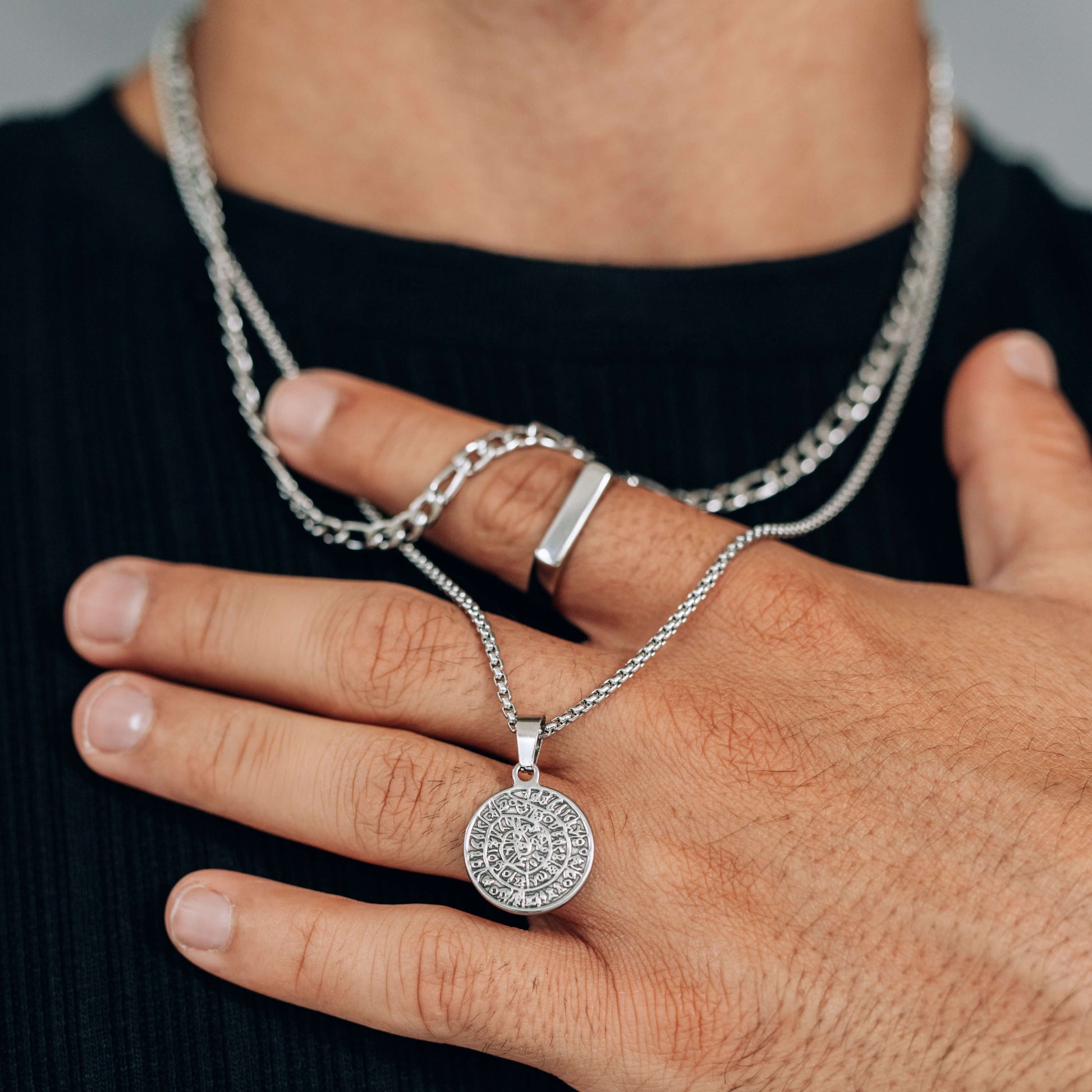 Silver Necklace Set : Greek Inspired Coin Pendant Necklace and 4.5mm Figaro Chain - Boutique Wear RENN inc.