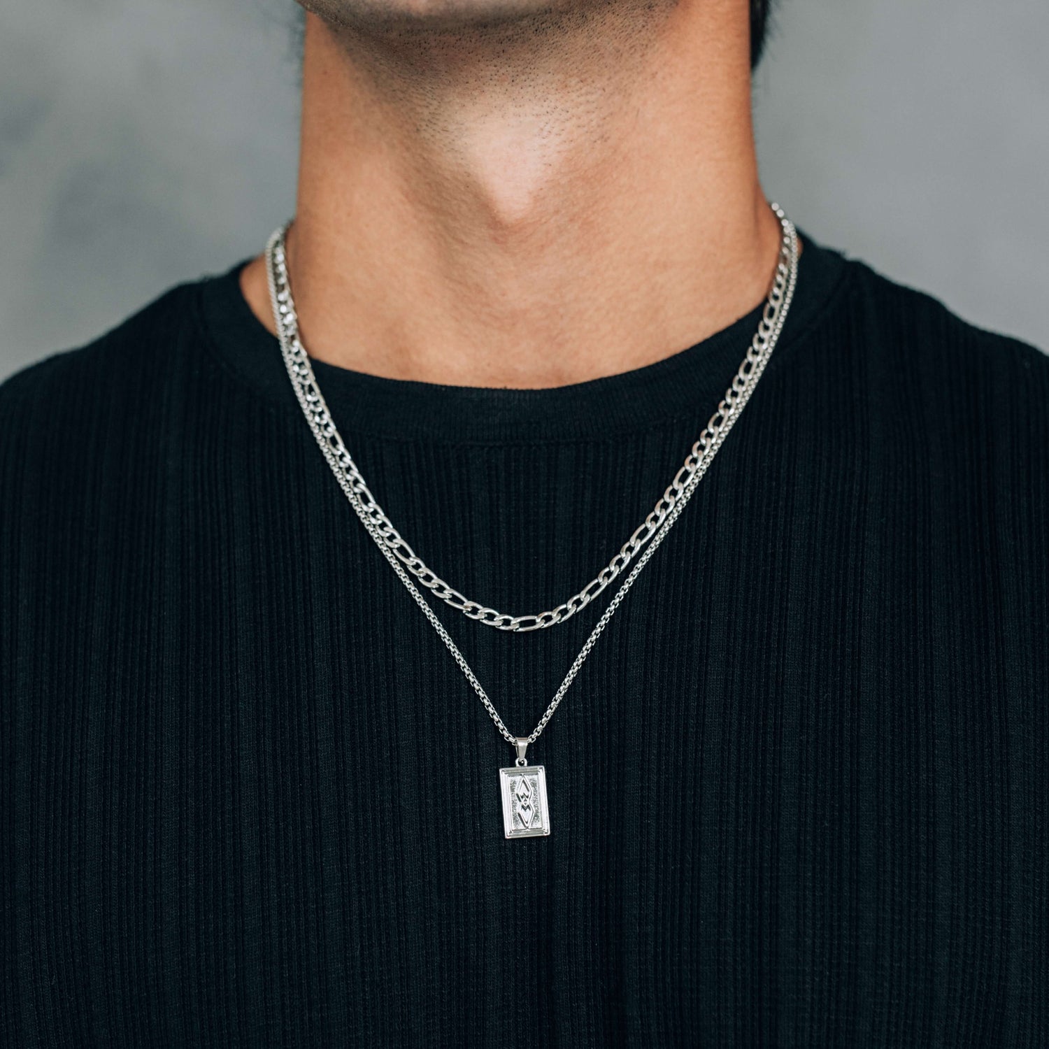 Silver Rectangle Pendant and 4.5mm Figaro Chain / Necklace Set For Men - Necklace - Boutique Wear RENN