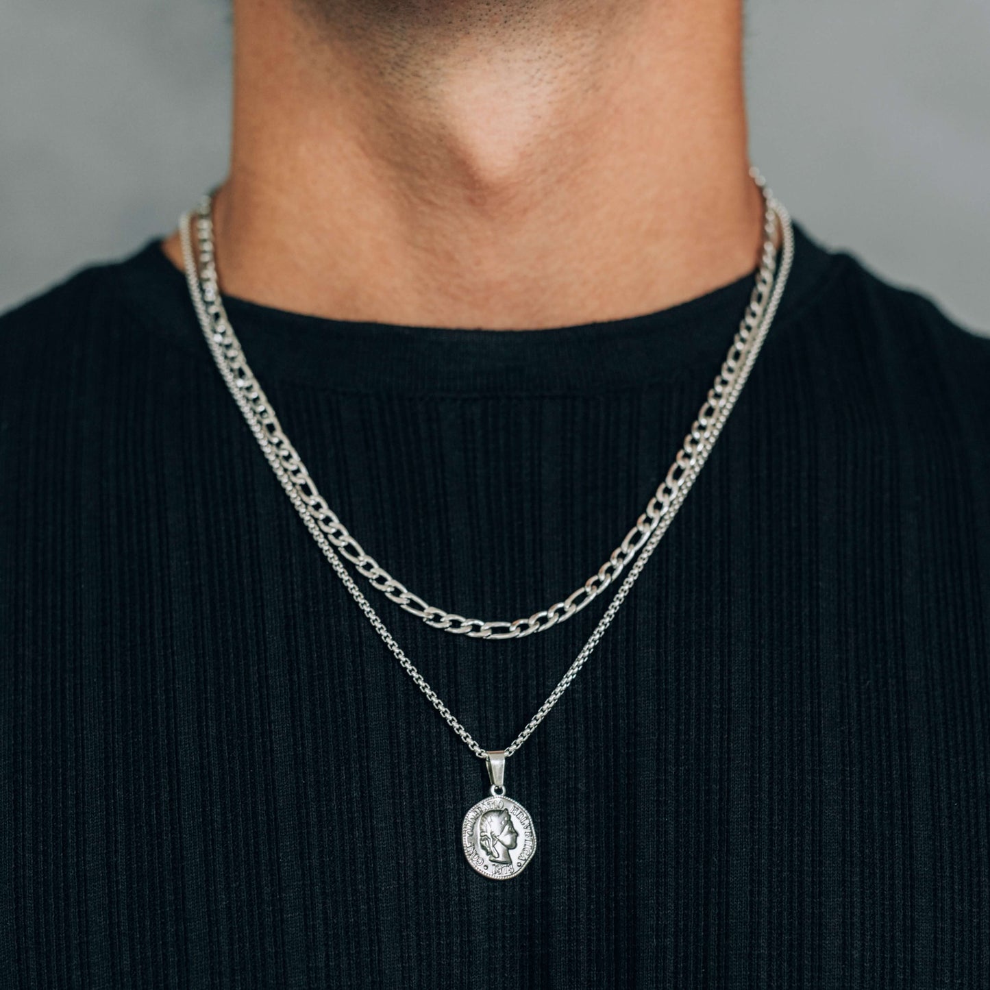 Silver Necklace Set : Coin Pendant Necklace and 4.5mm Figaro Chain - Boutique Wear RENN
