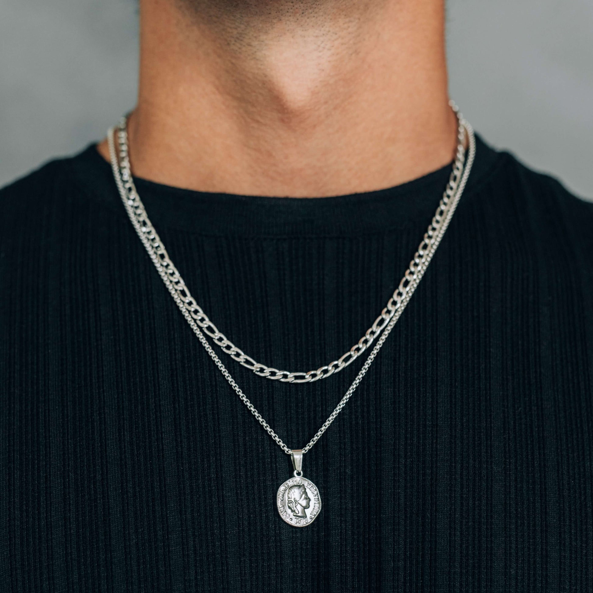 Silver Necklace Set : Coin Pendant Necklace and 4.5mm Figaro Chain - Boutique Wear RENN