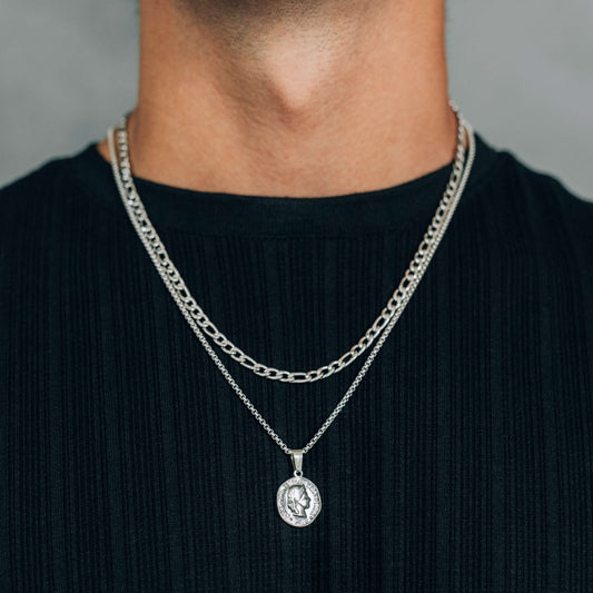 Silver Necklace Set : Coin Pendant Necklace and 4.5mm Figaro Chain - Boutique Wear RENN