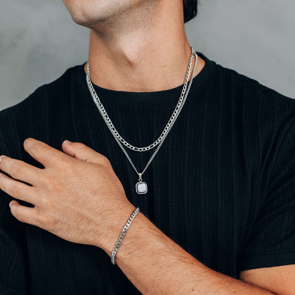 Silver Jewelry Set (3 pieces): White Square Pendant Necklace, 4.5mm Figaro Chain Necklace and 5mm Curb Chain Bracelet
