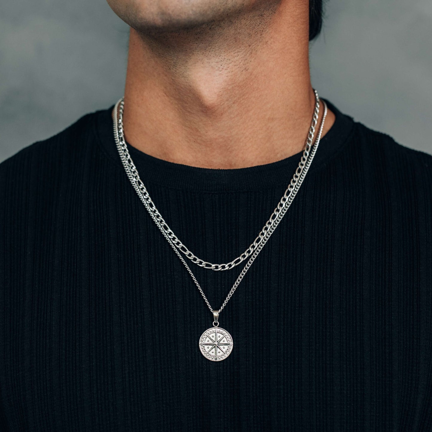 Silver Necklace Set : Compass Pendant Necklace and 4.5mm Figaro Chain - Boutique Wear RENN