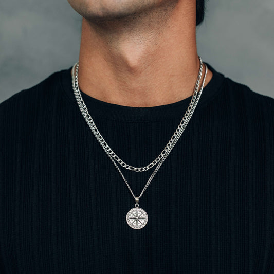 Silver Necklace Set : Compass Pendant Necklace and 4.5mm Figaro Chain - Boutique Wear RENN