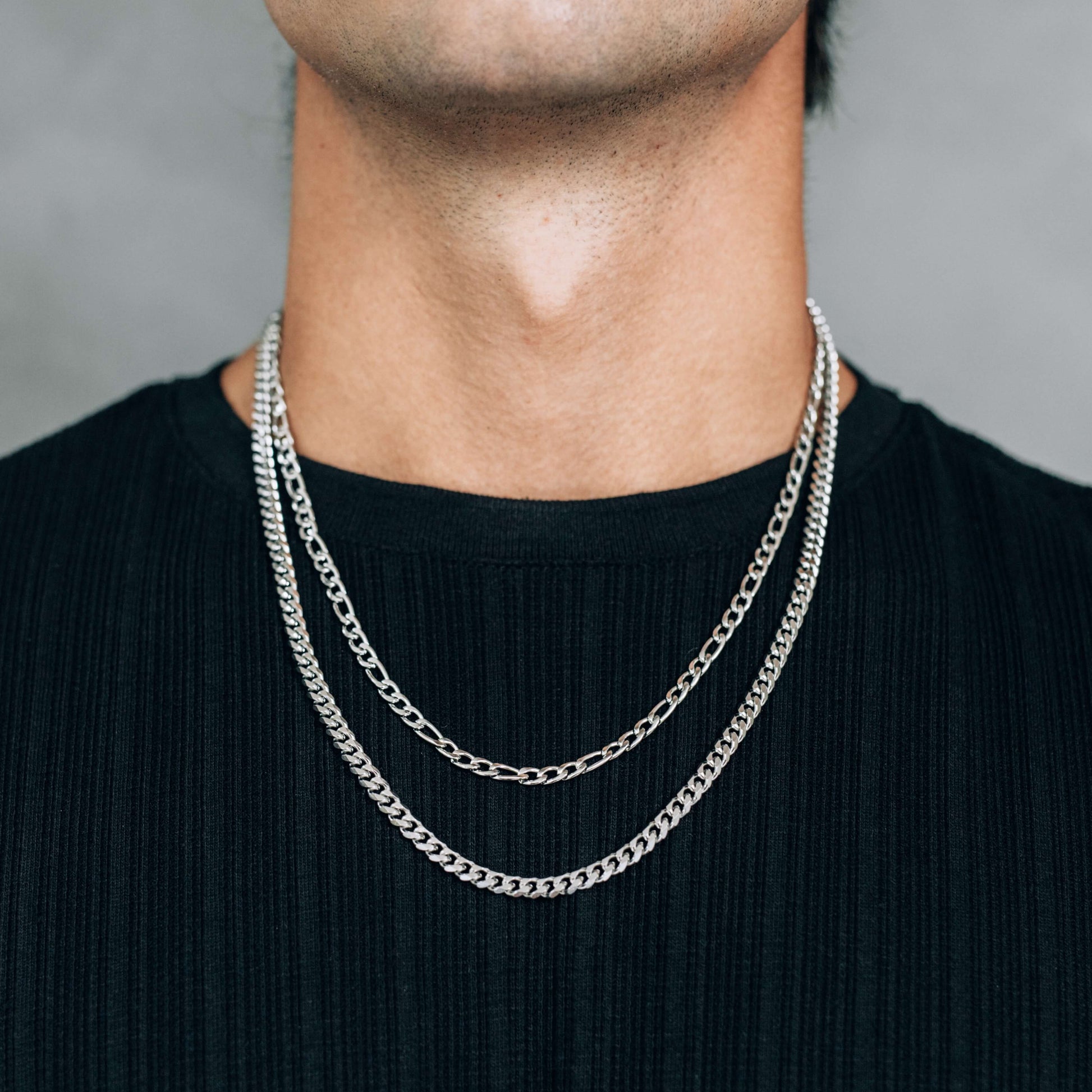 Silver Chain Necklace Set : 4.5mm Figaro Chain and 5mm Curb Chain - Boutique Wear RENN