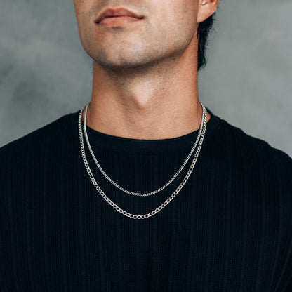 Silver Chain Necklace Set : 3mm Curb Chain and 4mm Curb Chain