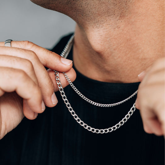 Silver Chain Necklace Set : 3mm Curb Chain and 4mm Curb Chain