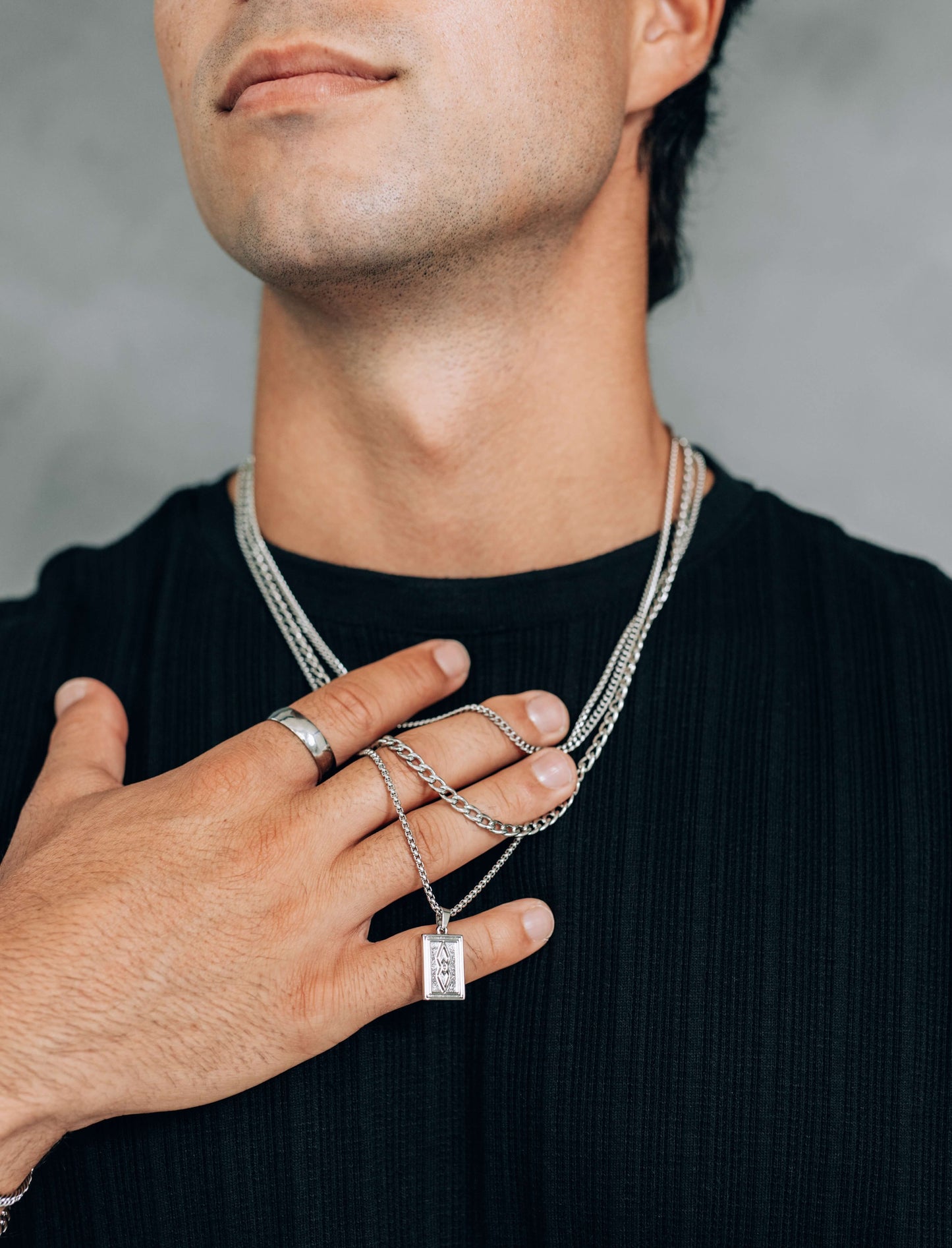 Silver Necklace Set (3 pieces): 3mm Curb Chain, 4mm Curb Chain and Rectangle Pendant Necklace - Boutique Wear RENN