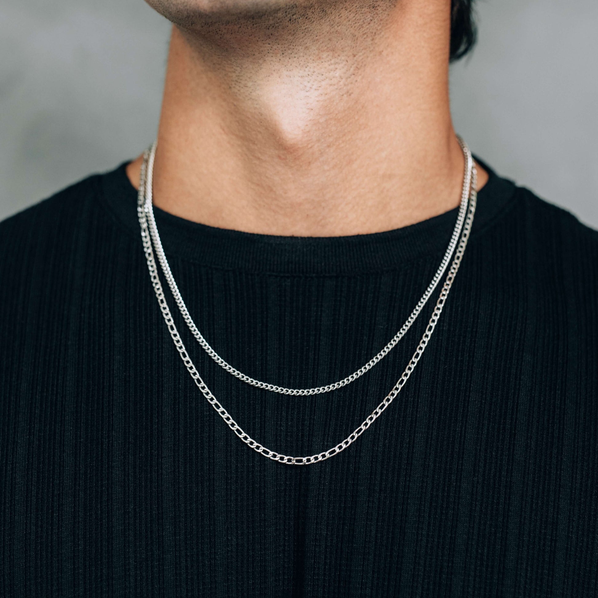 Silver Chain Necklace Set : 3mm Curb Chain and 3mm Figaro Chain