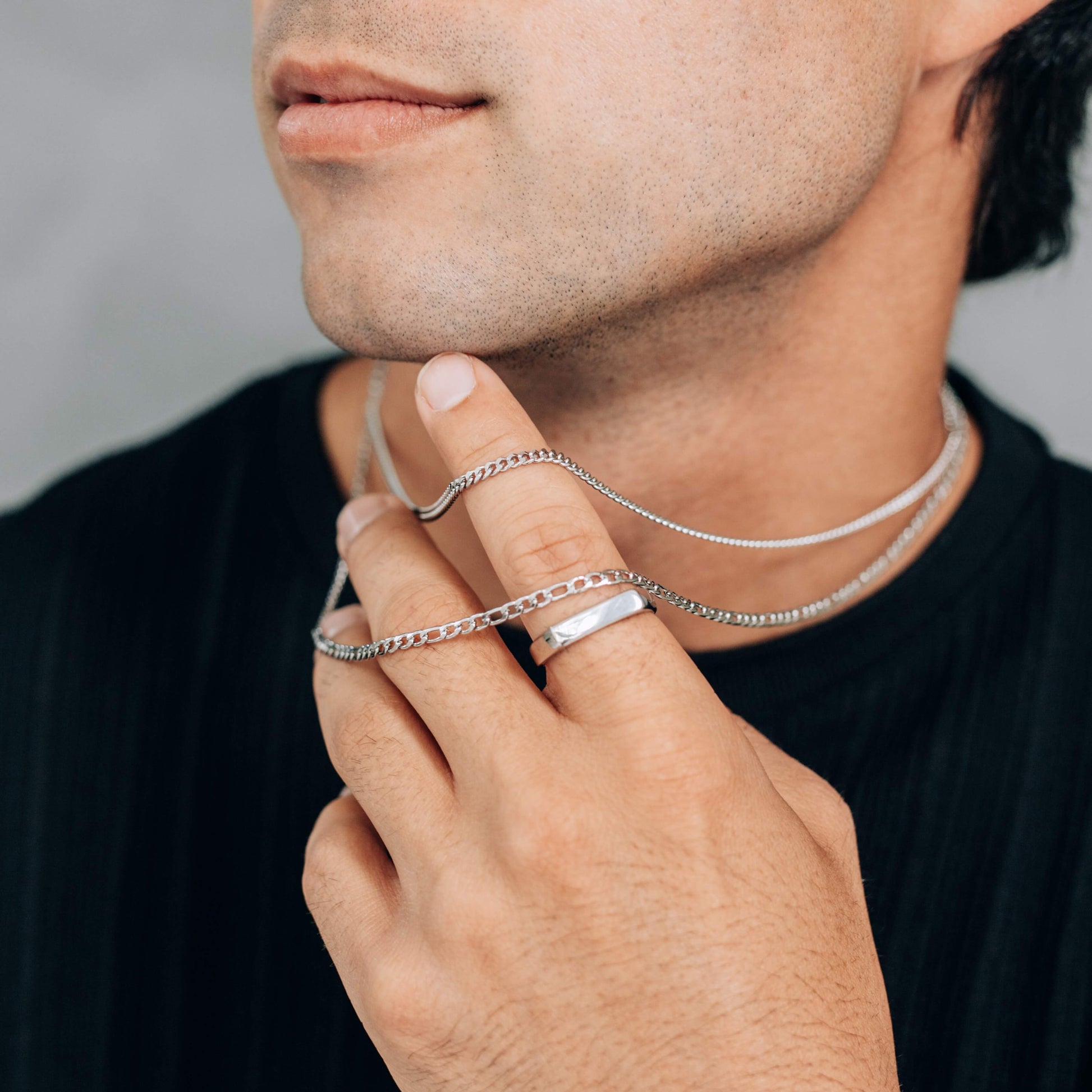 Silver Chain Necklace Set : 3mm Curb Chain and 3mm Figaro Chain
