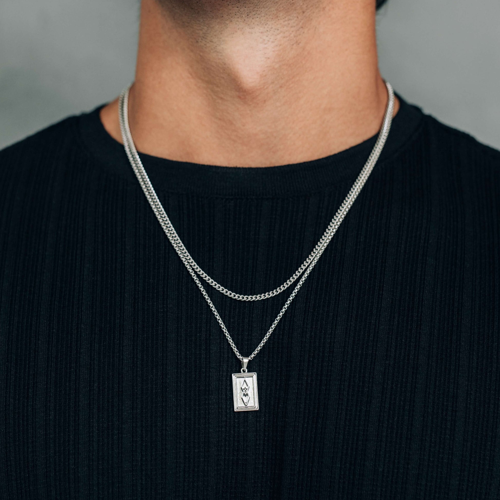 Silver Necklace Set : Rectangle Pendant Necklace and 3mm Curb Chain - Boutique Wear RENN