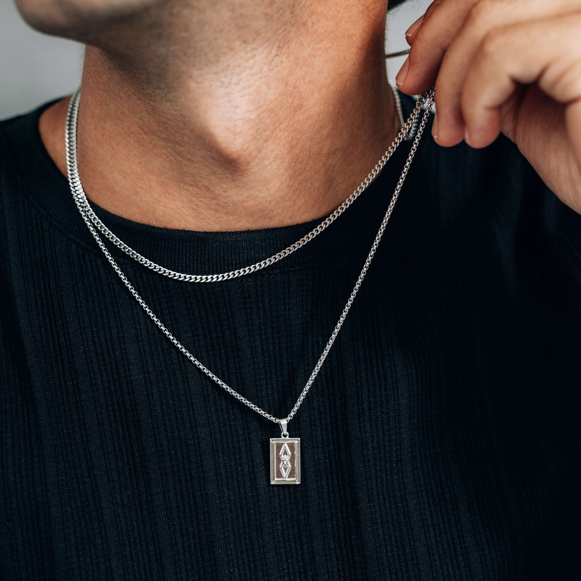 Silver Necklace Set : Rectangle Pendant Necklace and 3mm Curb Chain - Boutique Wear RENN