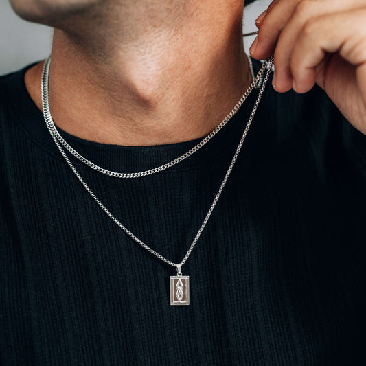 Silver Necklace Set : Rectangle Pendant Necklace and 3mm Curb Chain - Boutique Wear RENN
