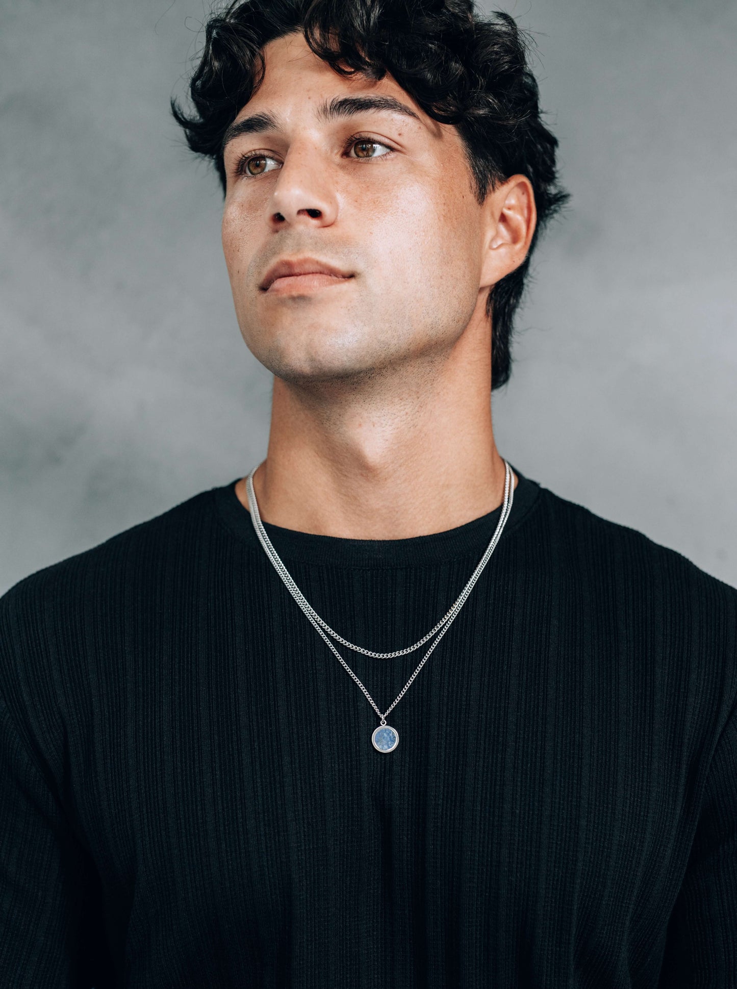 Silver Necklace Set : Blue Round Pendant Necklace and 3mm Curb Chain - stainless steel - boutique wear RENN