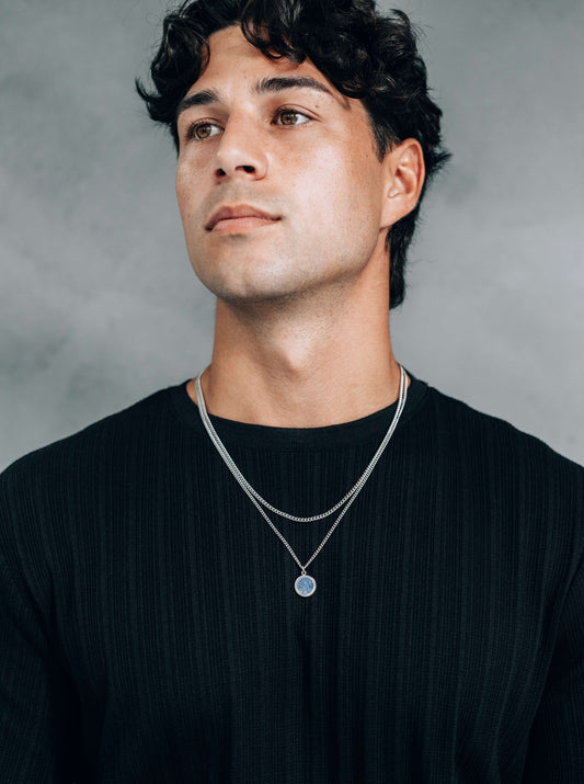 Silver Necklace Set : Blue Round Pendant Necklace and 3mm Curb Chain - stainless steel - boutique wear RENN