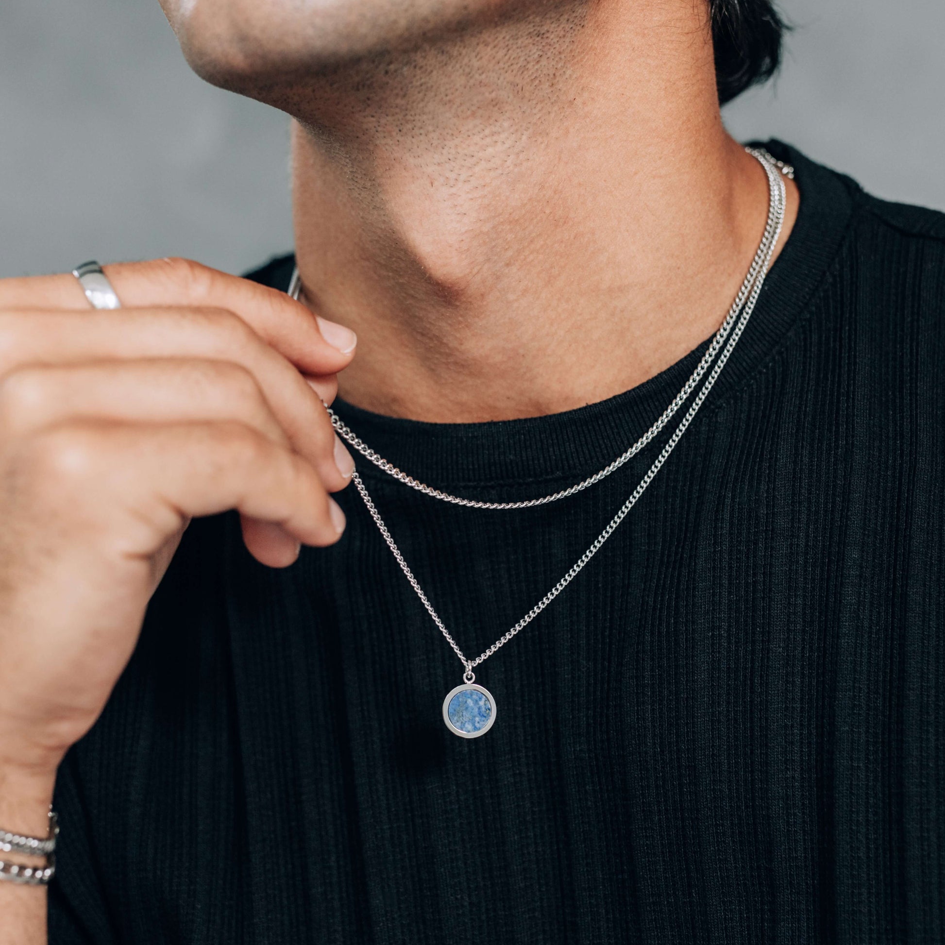 Silver Necklace Set : Blue Round Pendant Necklace and 3mm Curb Chain - stainless steel - boutique wear RENN