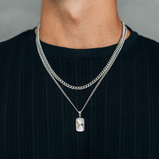 Silver Necklace Set : Sun Rectangle Pendant Necklace and 5mm Curb Chain - Stainless Steel - Boutique Wear RENN