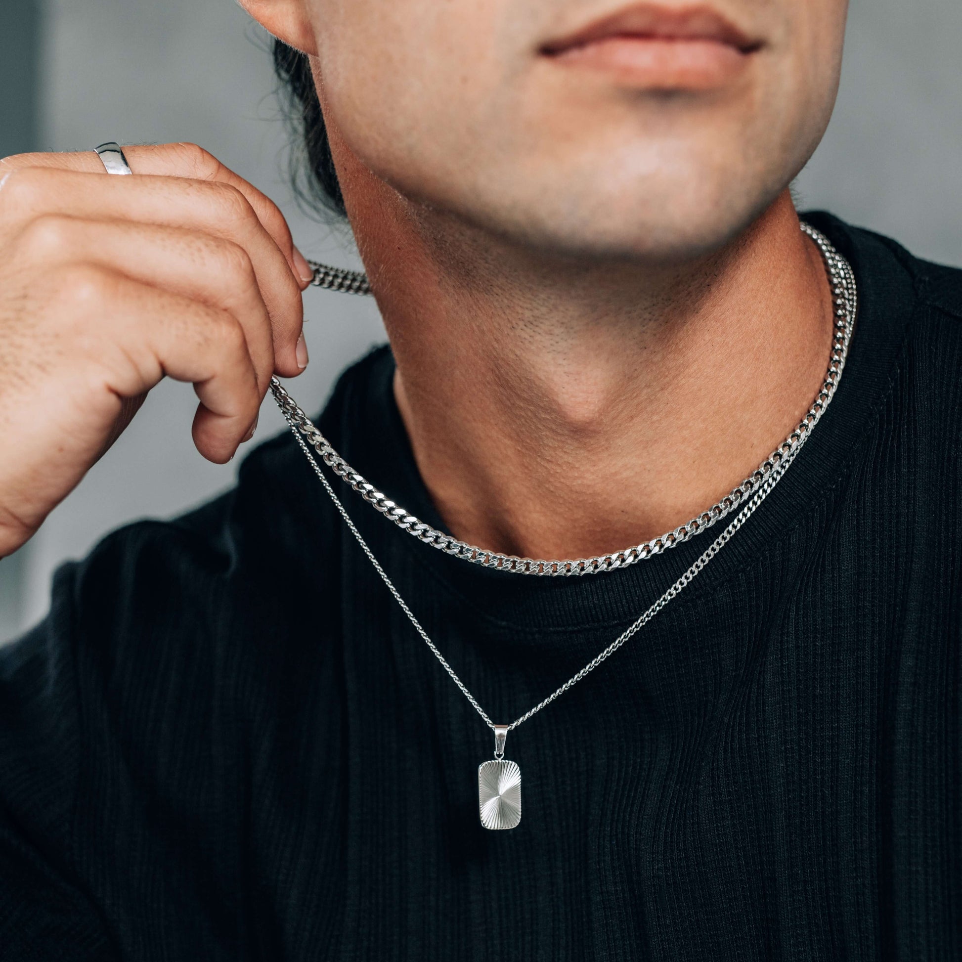 Silver Necklace Set : Sun Rectangle Pendant Necklace and 5mm Curb Chain - Stainless Steel - Boutique Wear RENN