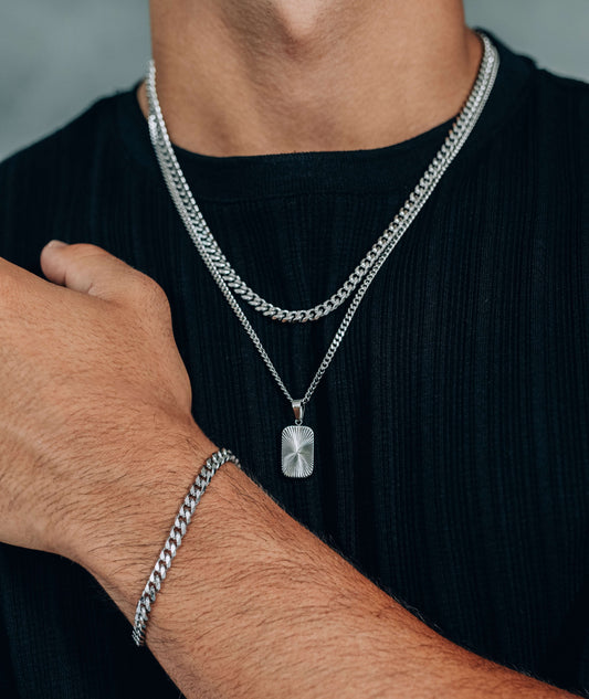 Silver Jewelry Set (3 pieces): 5mm Curb Chain Necklace, Sun Rectangle Pendant Necklace and 5mm Curb Chain Bracelet