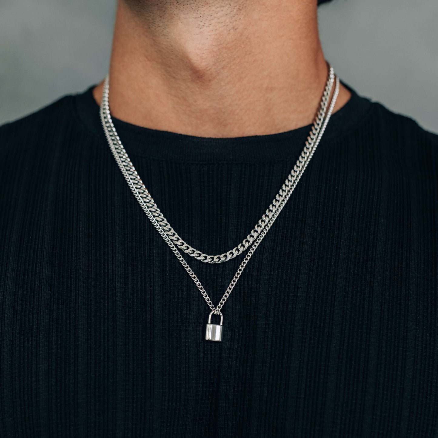 Silver Necklace Set : 5mm Curb Chain and Lock Pendant Necklace  - Stainless Steel - Boutique Wear RENN