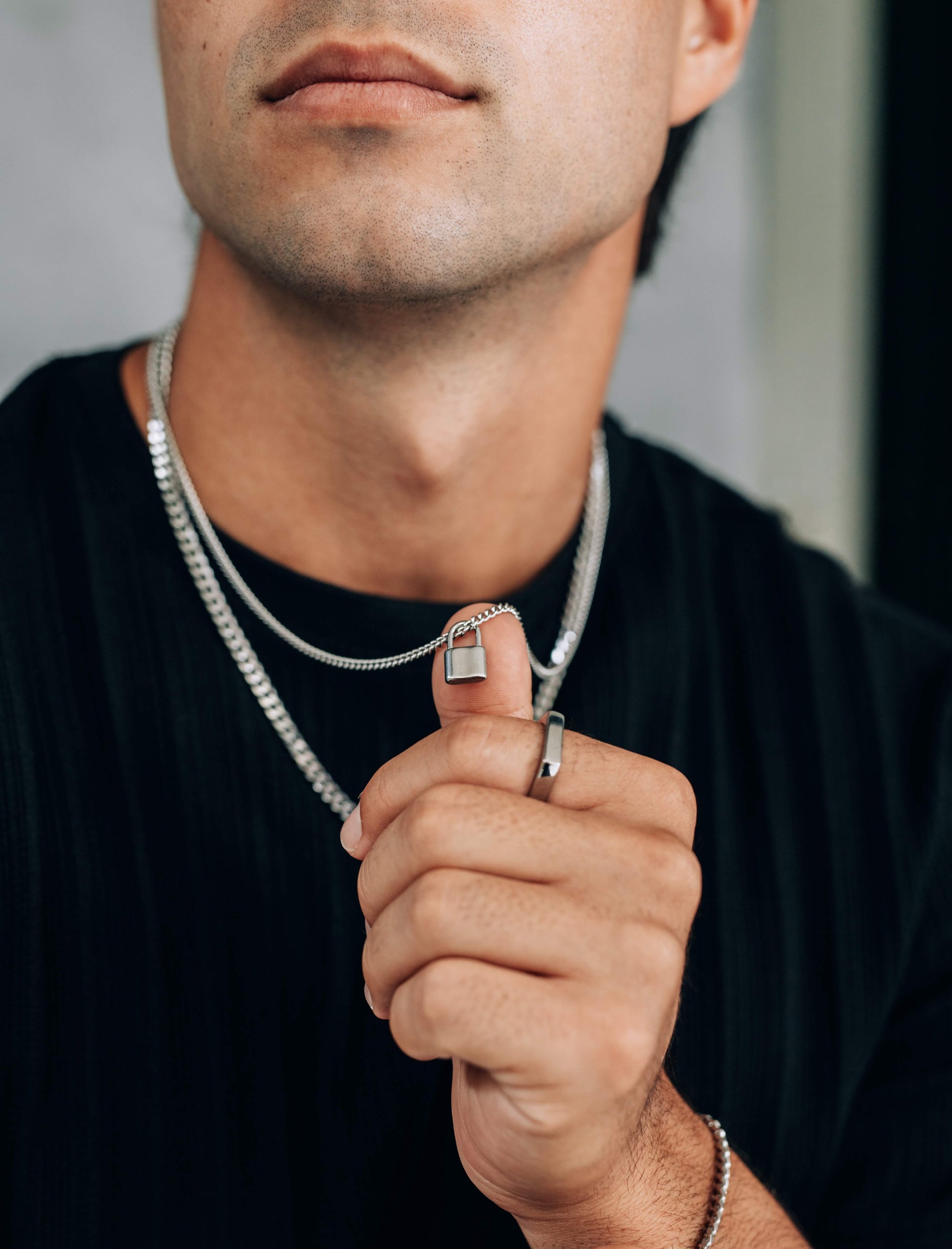 Silver Necklace Set : 5mm Curb Chain and Lock Pendant Necklace  - Stainless Steel - Boutique Wear RENN