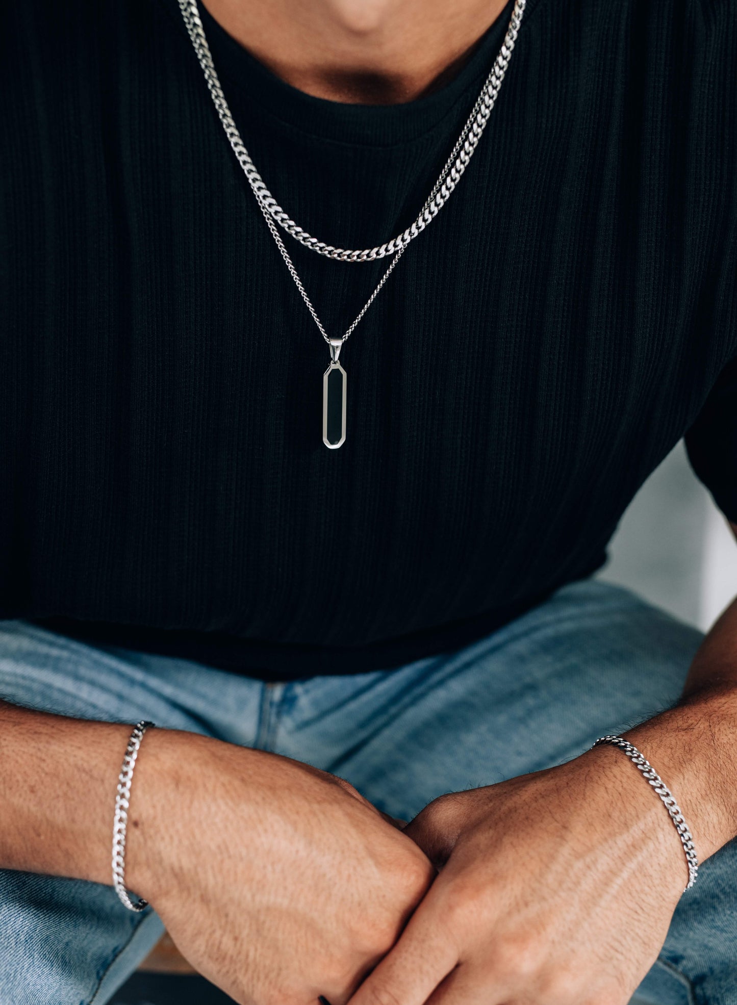 Silver Jewelry Set (4 pieces) : Black Bar Pendant Necklace, 5mm Curb Chain Necklace, 4mm Curb Chain Bracelet and 5mm Curb Chain Bracelet