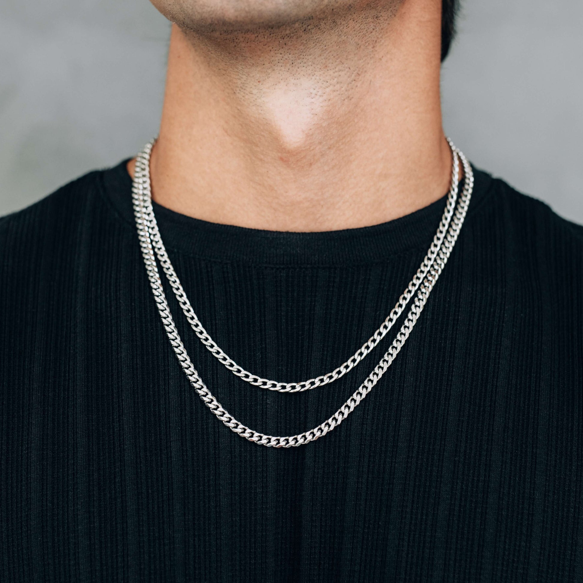 Silver Chain Necklace Set : 4mm Curb Chain and 5mm Curb Chain - Stainless Steel - Boutique Wear RENN