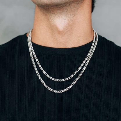 Silver Chain Necklace Set : 4mm Curb Chain and 5mm Curb Chain - Stainless Steel - Boutique Wear RENN