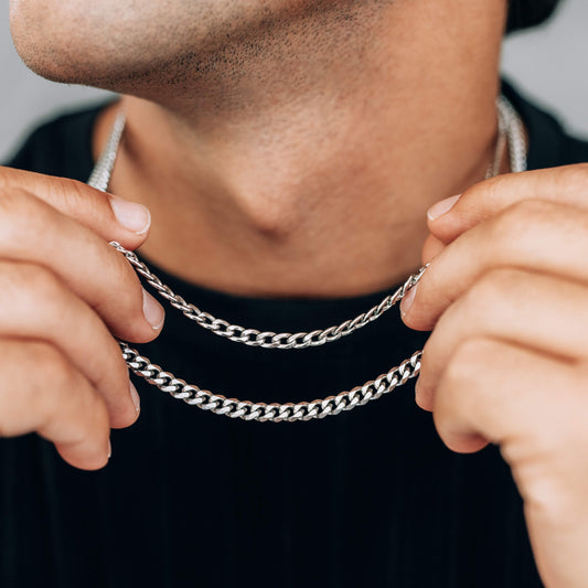 Silver Chain Necklace Set : 4mm Curb Chain and 5mm Curb Chain - Stainless Steel - Boutique Wear RENN