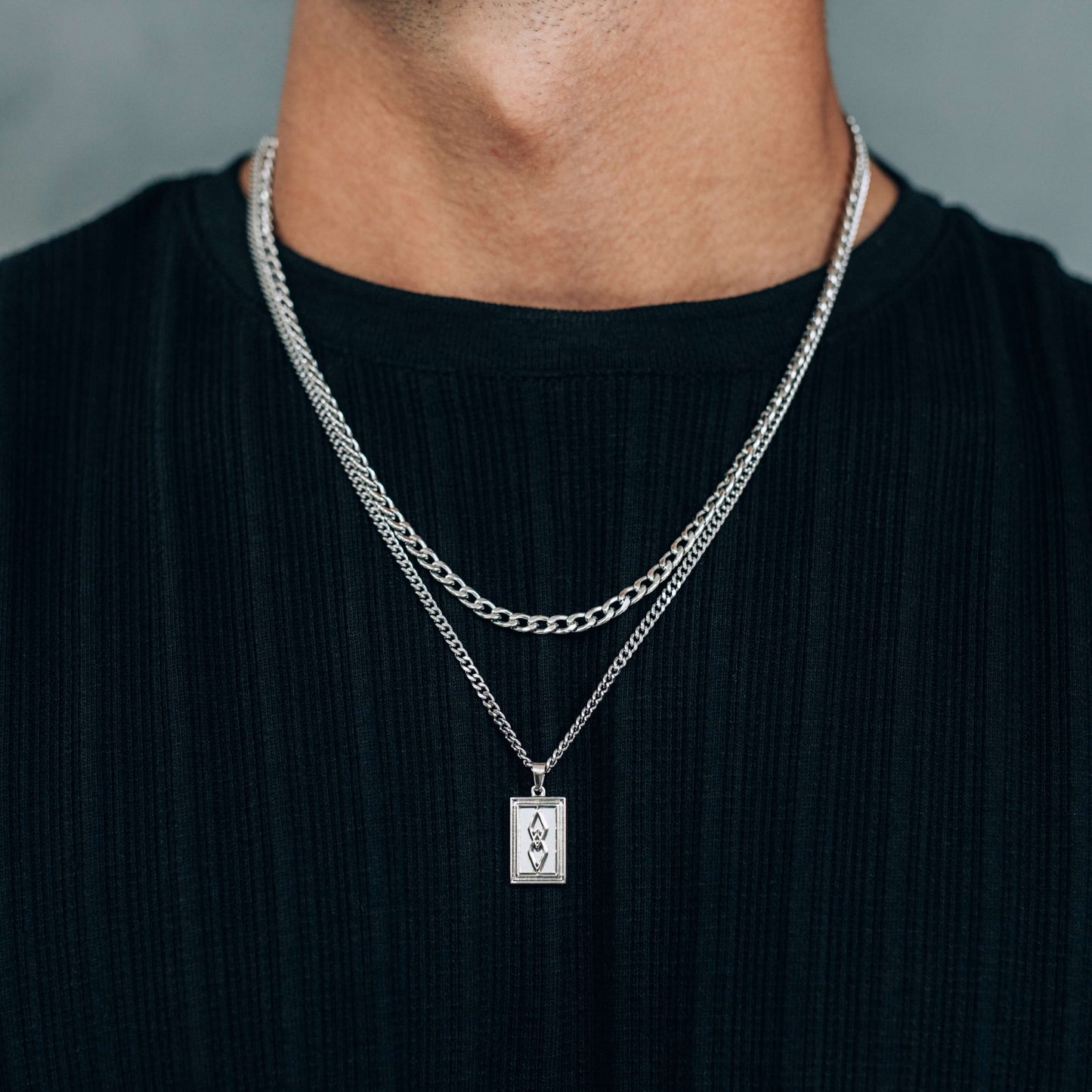 Silver Necklace Set : Rectangle Pendant Necklace and 4mm Curb Chain - stainless steel - Boutique Wear RENN